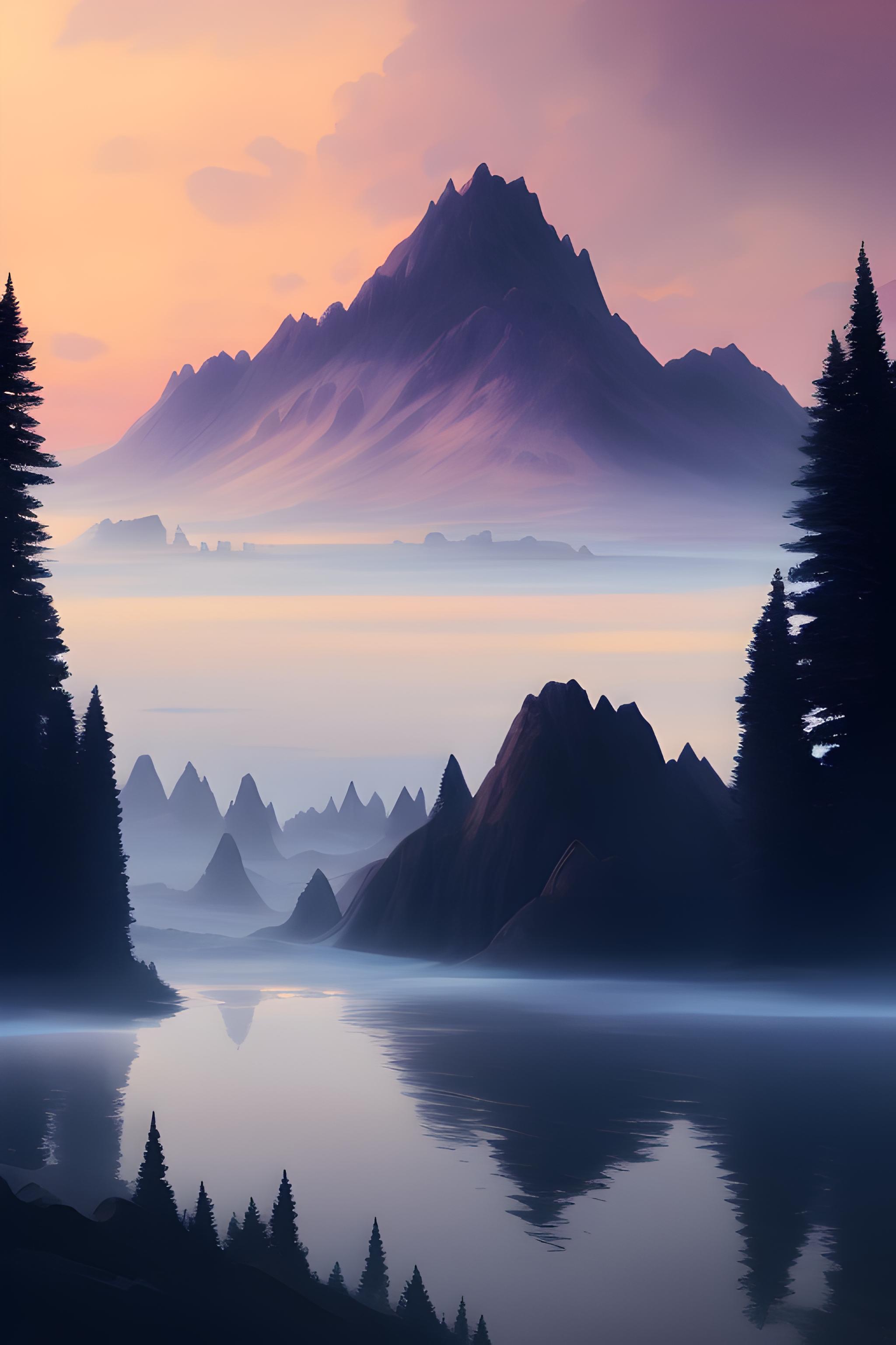 Un paysage de montagne avec brouillard et aurore boréal 